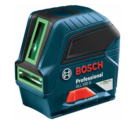 An angled perspective view of the Bosch GLL100GX-RT green laser level highlighting the specialized laser output windows and the rugged, over-molded construction designed for jobsite protection.