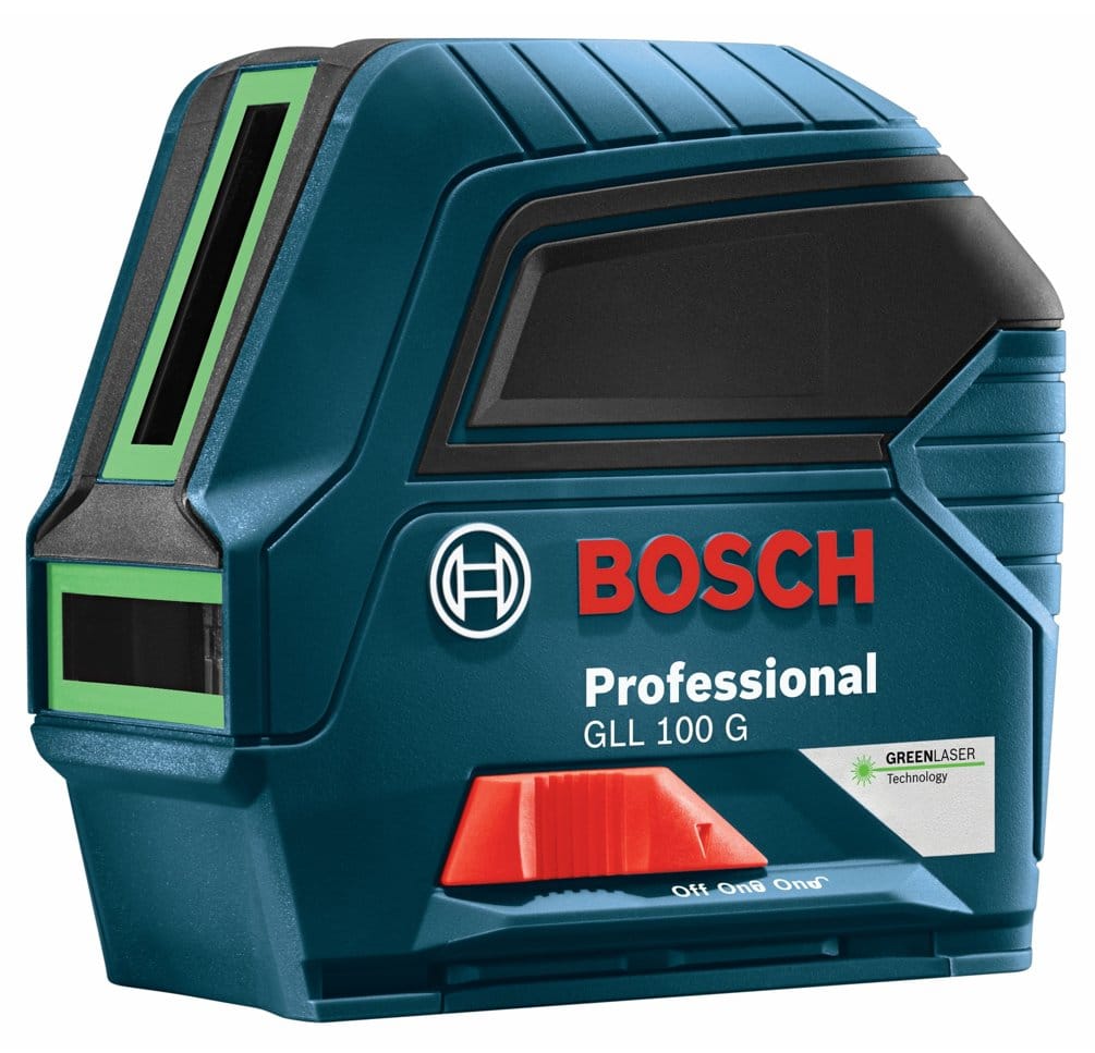 A front-facing view of the Bosch green cross-line laser showing the vertical and horizontal aperture windows used to project high-visibility 100-foot green laser beams.