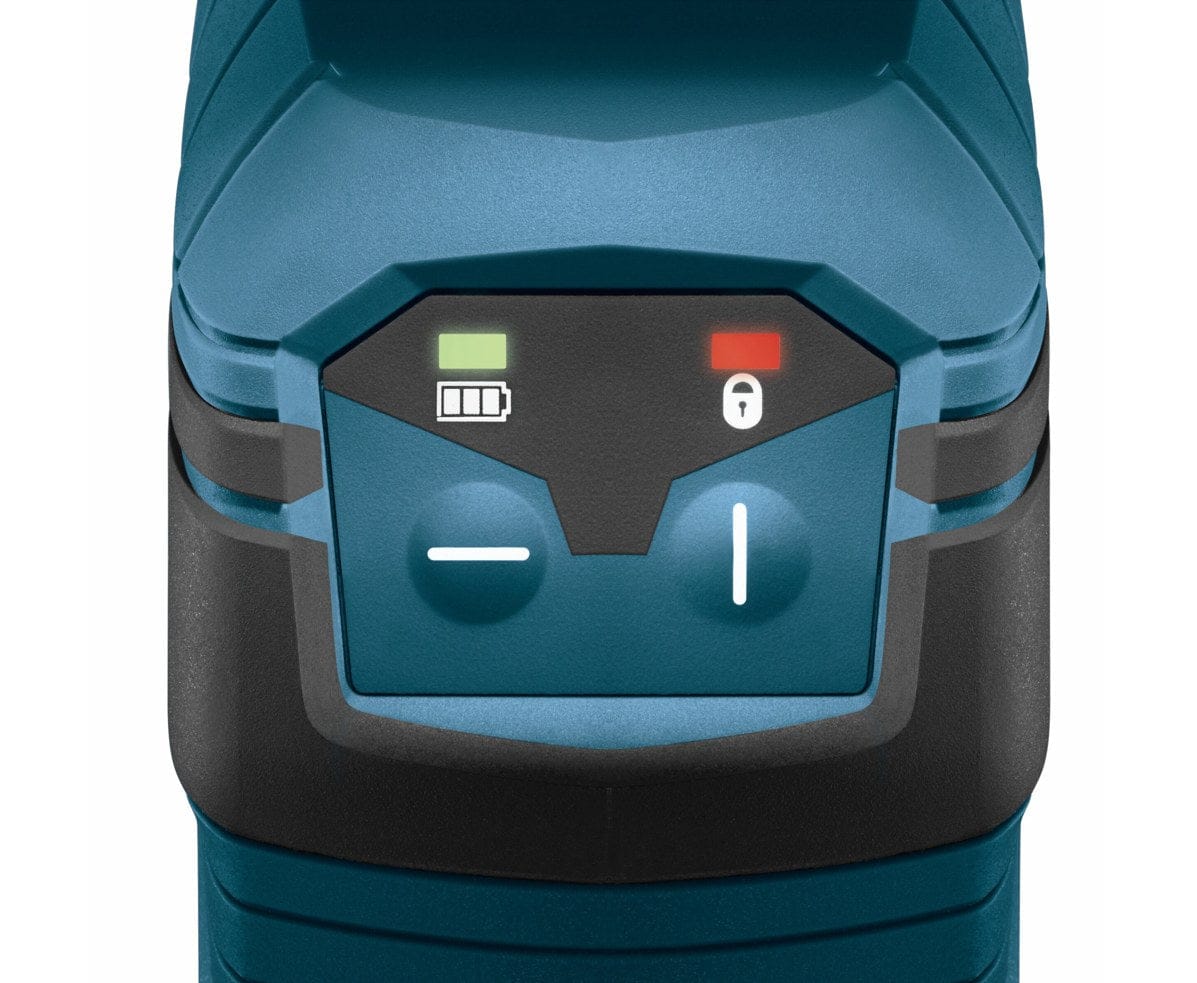 A close-up view of the top keypad on the Bosch GLL100GX-RT laser level featuring a battery life indicator, pendulum lock status light, and intuitive buttons for toggling between vertical and horizontal beam modes.