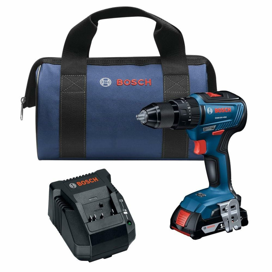 Full kit contents laid out: the Bosch GSB18V-490 hammer drill attached to a 2.0Ah 18V battery, an 18V charger, and a blue Bosch carrying bag.