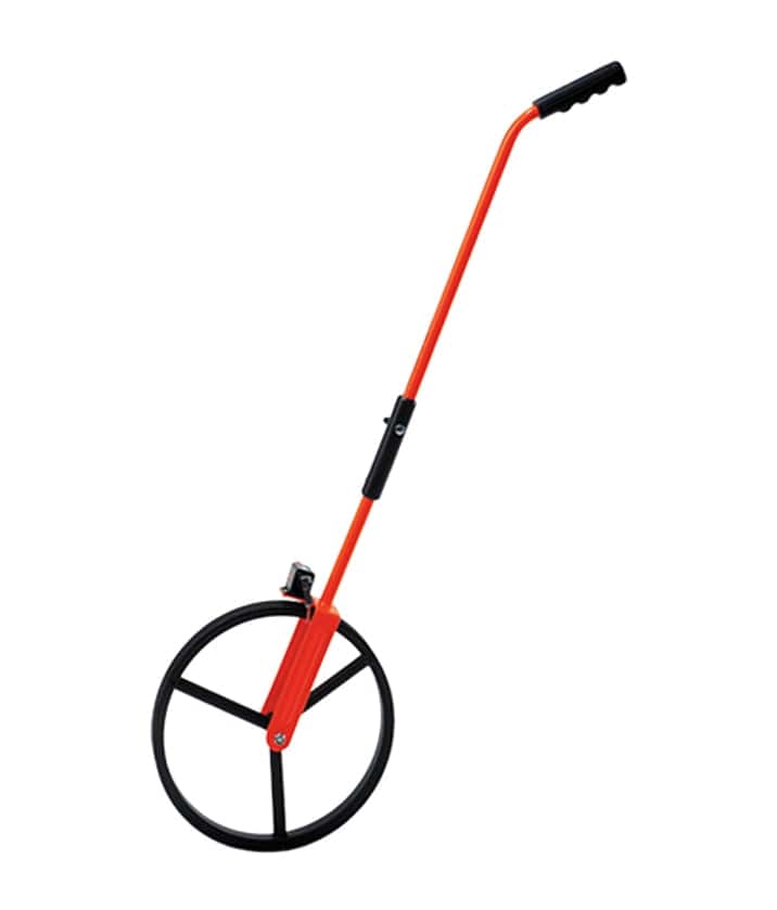 A profile view of the Bosch Rolatape 32-300S single measuring wheel, showing its large black wheel, orange steel handle, and 5-digit counter.