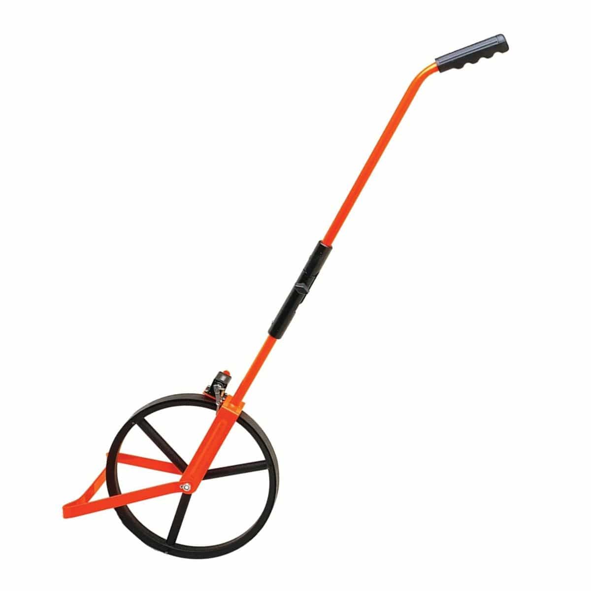 A profile view of the Bosch Rolatape 32-300S single measuring wheel, showing its large black wheel, orange steel handle, and 5-digit counter.