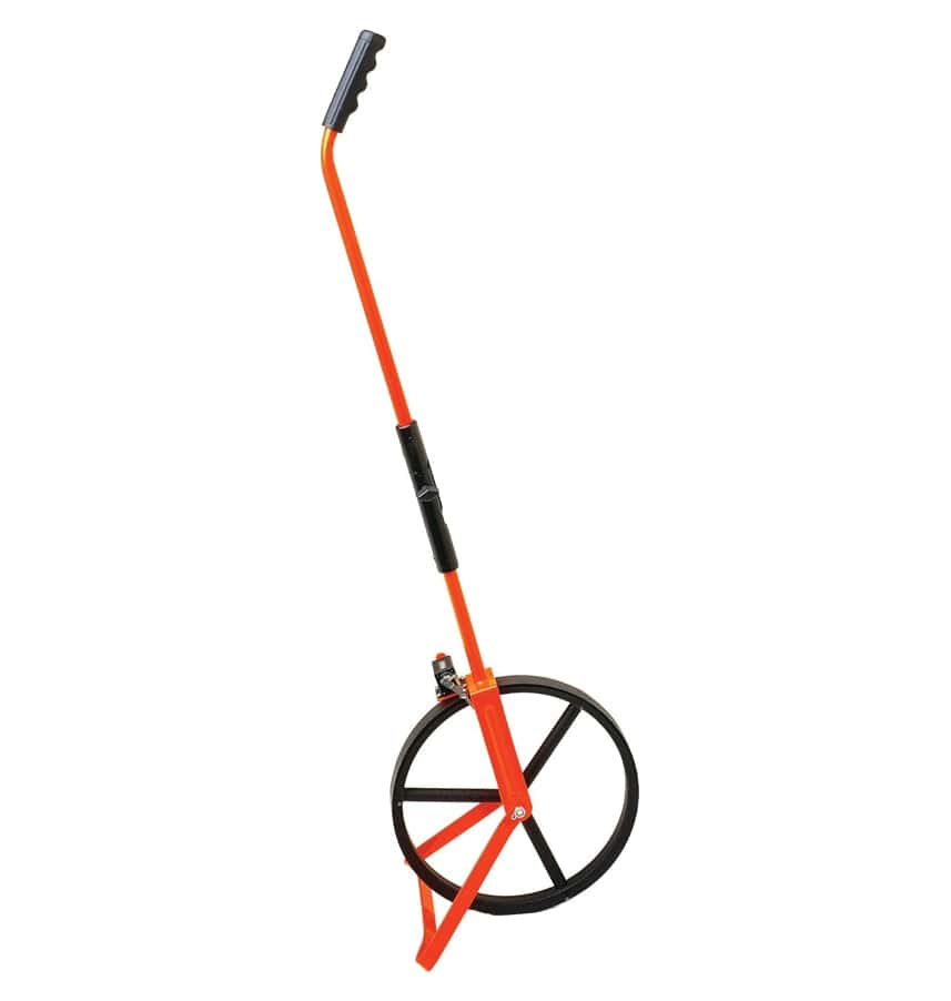 A side view of the Bosch Rolatape 32-300S measuring wheel, showing the orange steel frame, black wheel, and the fold-down kickstand engaged.