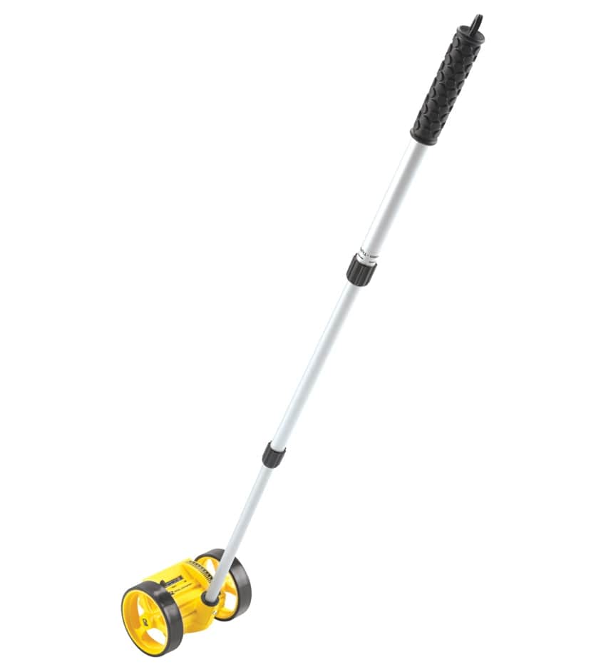 A full-length studio shot of the Bosch Rolatape RT204 measuring wheel with its aluminum telescopic handle fully extended.