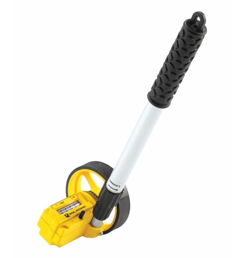 A high-angle studio shot of the Bosch Rolatape RT104 measuring wheel, showing its single yellow wheel, counter, and the collapsed white telescopic handle with a black rubber grip.