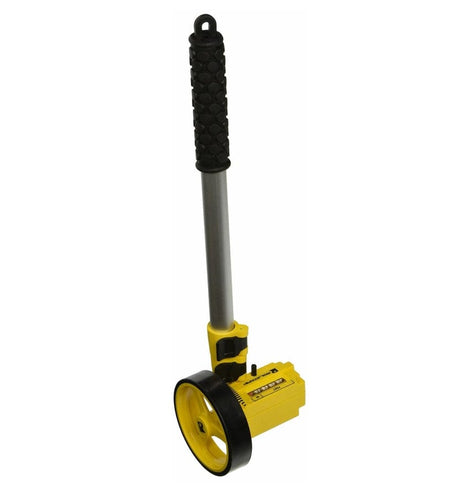 A high-angle, side-profile studio shot of the Bosch Rolatape RT104 measuring wheel, showing its single yellow wheel, counter, and the collapsed aluminum handle with a black rubber grip.