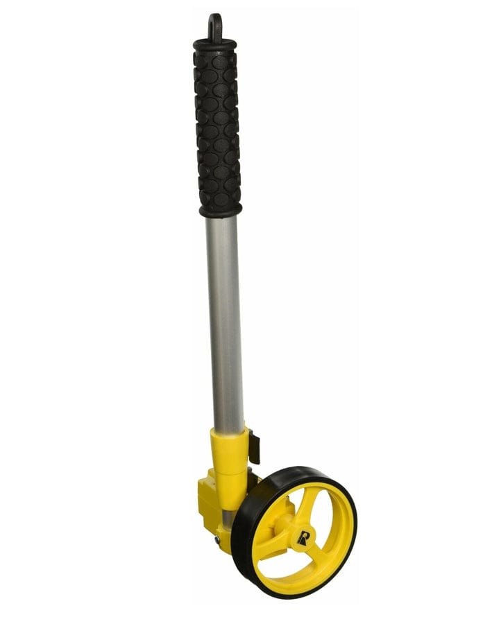 A side profile studio shot of the Bosch Rolatape RT104 measuring wheel, showing the single yellow wheel, the yellow counter body, and the collapsed aluminum handle with a black rubber grip.