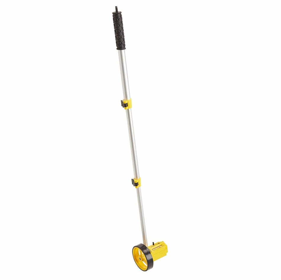 Product studio shot of the Bosch Rolatape RT104 4-Inch Single Measuring Wheel standing at an angle on a white background, showcasing its lightweight aluminum telescopic handle with black locking flip-levers, a textured black rubber grip, and a bright yellow mechanical counter housing assembly supported by a single black and yellow high-traction wheel.