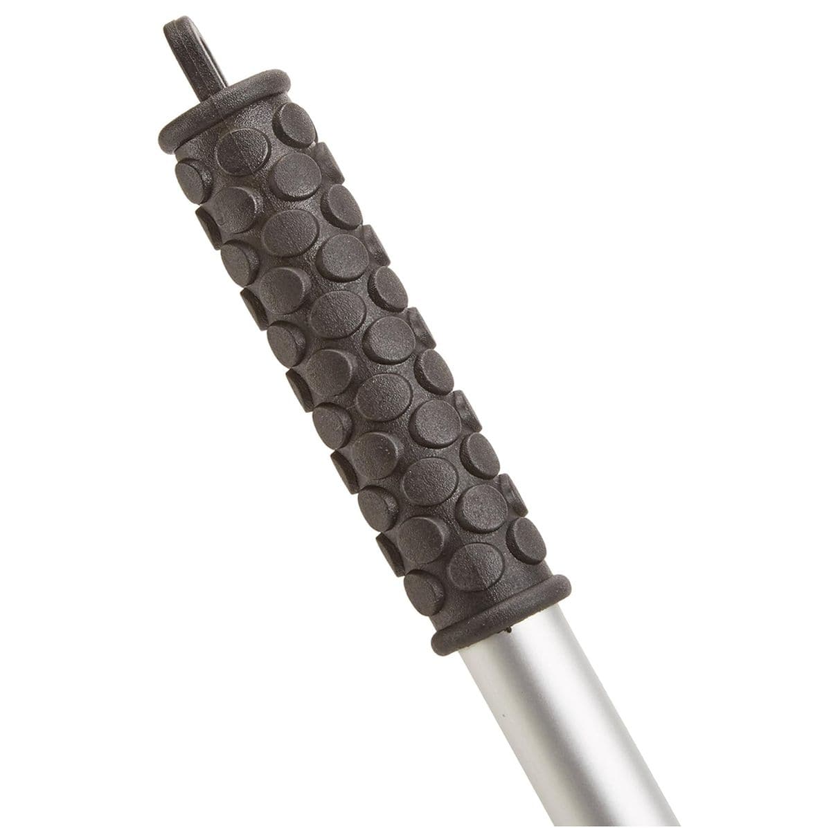 A macro close-up shot focusing on the handle grip of the Bosch Rolatape RT104 lightweight measuring wheel, displaying the black textured rubber cover molded with a raised circular non-slip pattern to ensure a secure, tactile operator grip during interior layout tasks.