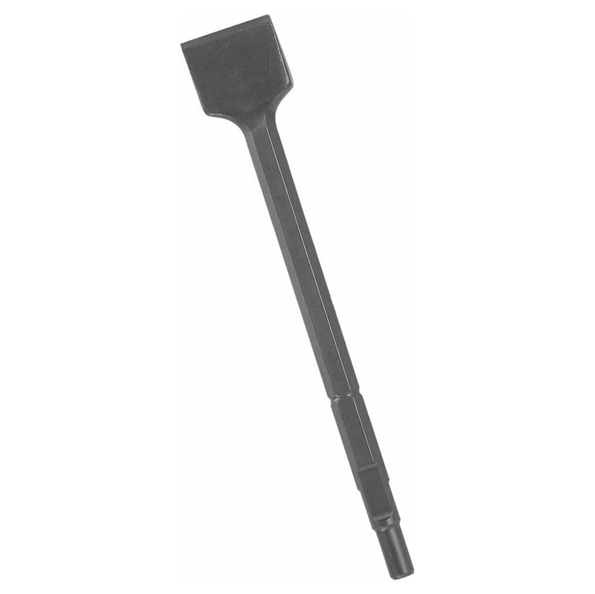 A heavy-duty Bosch round hex spline hammer steel flat scaling chisel demolition bit positioned diagonally against a clean white background, showcasing its specialized broad flat scraping blade tip, one-piece structural alloy steel core body, and a slotted combination quick-change shank engineered for high-impact concrete masonry scaling, asphalt chipping, and dense slag material removal.