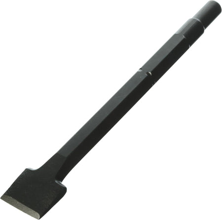 A close-up perspective view of a heavy-duty Bosch round hex spline hammer steel flat chisel demolition bit resting diagonally on a reflective white surface, emphasizing the sharp, wide scraping blade tip, a thick hexagonal steel body core, and the cylindrical slotted combination drive shank engineered for high-impact industrial concrete scraping, masonry scaling, and fast slag material removal.