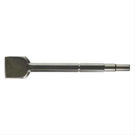 A heavy-duty Bosch round hex spline hammer steel flat chisel demolition bit displayed horizontally against a plain white background, showcasing its wide rectangular flat scraping blade tip, a solid hexagonal tool steel core shaft body, and a precision-machined combination slotted quick-change driving shank engineered for industrial concrete scaling, masonry chipping, and asphalt material removal.