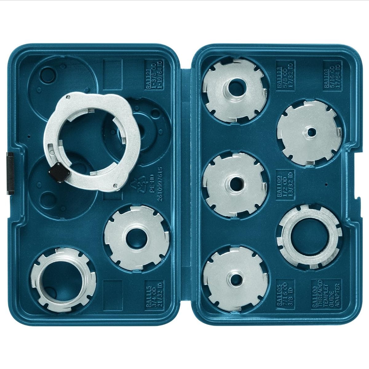 Bosch RA1128 8-piece template guide set organized in a case with quick-change adapter and threaded bushing ring.