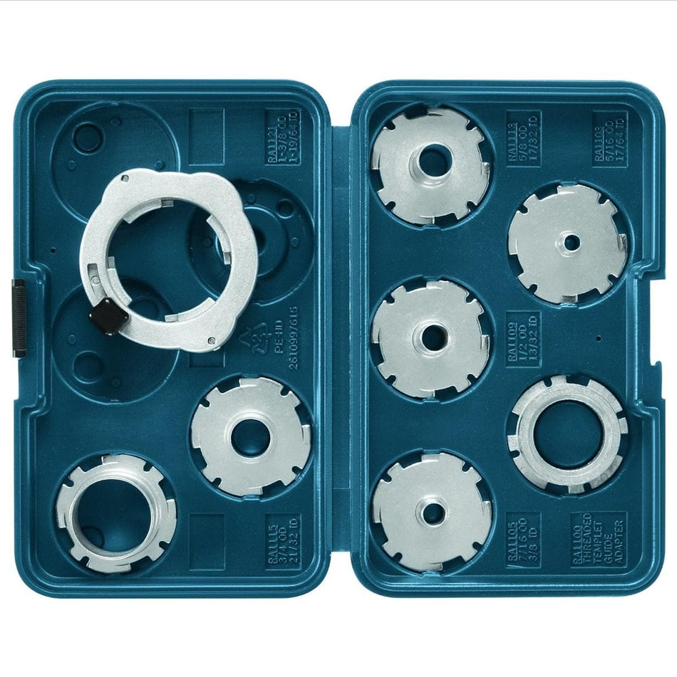 Bosch RA1128 8-piece template guide set organized in a case with quick-change adapter and threaded bushing ring.
