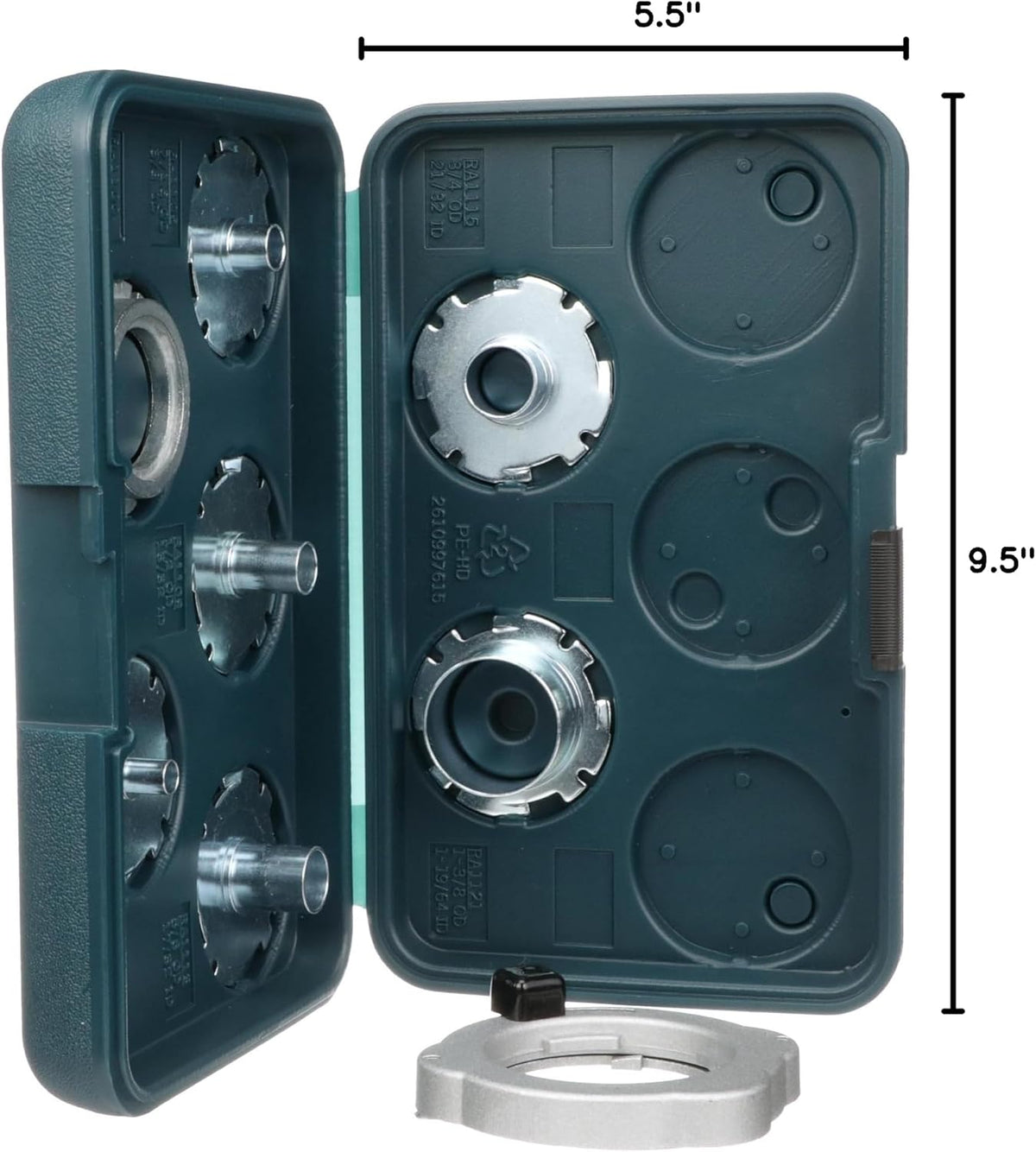 Bosch RA1128 guide set case showing 9.5-inch height and 5.5-inch width dimensions for compact tool storage.
