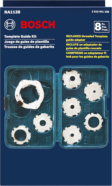 Bosch RA1128 retail packaging detailing the 8-piece template guide set and threaded adapter compatibility.
