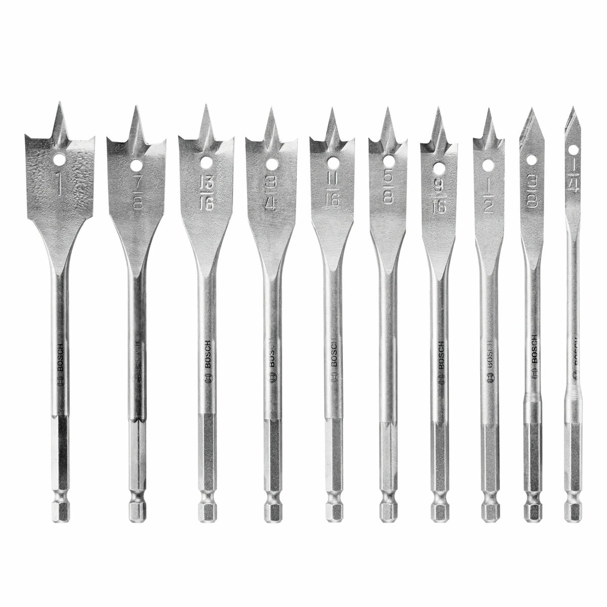 A studio product photograph showing the full selection of the Bosch SB0010 10-piece woodboring spade bit set arranged in a clean horizontal line, displaying the progressive paddle sizes from 1/4 inch to 1 inch with their matching 1/4-inch hex shanks against a pure white background.