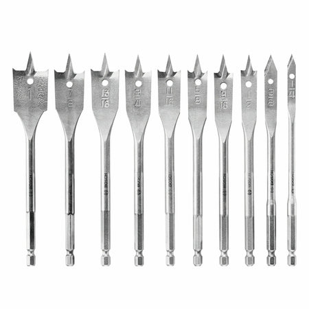 A studio product photograph showing the full selection of the Bosch SB0010 10-piece woodboring spade bit set arranged in a clean horizontal line, displaying the progressive paddle sizes from 1/4 inch to 1 inch with their matching 1/4-inch hex shanks against a pure white background.