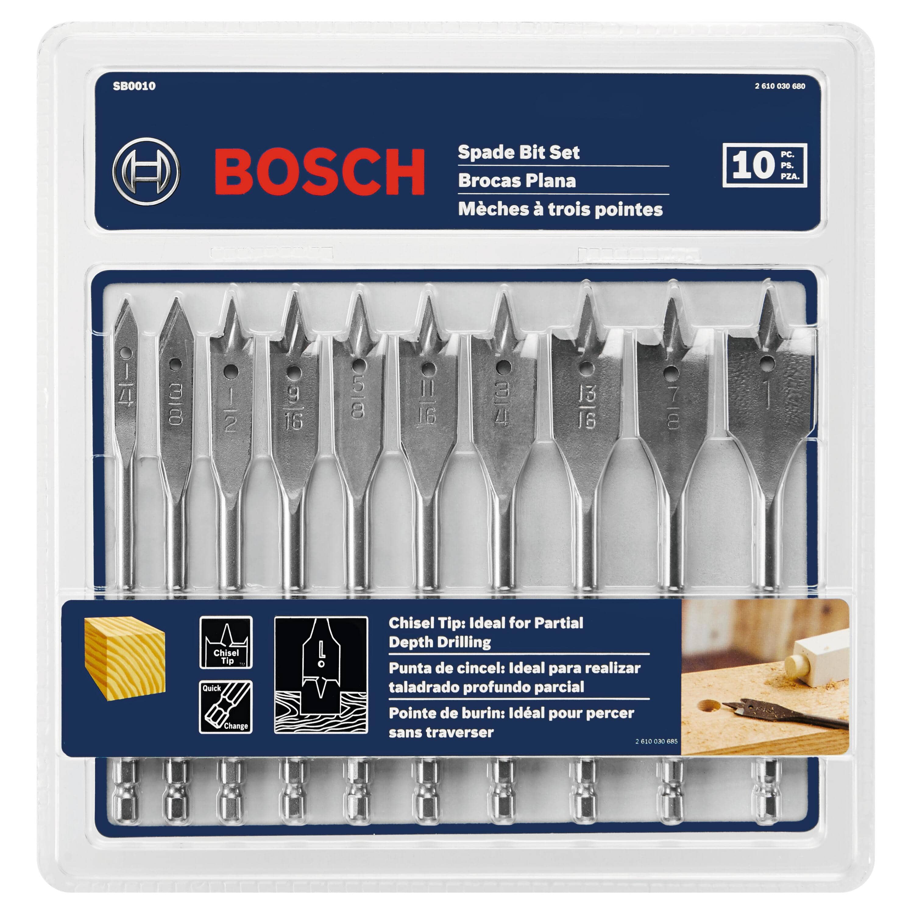 A formal retail packaging shot of the Bosch 10-piece spade bit set enclosed in a transparent hard plastic clamshell case, highlighted by a dark blue header card with the red and white Bosch brand logo and lower marketing text describing its chisel tip partial depth drilling features.