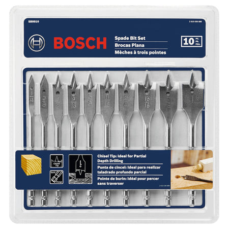 A formal retail packaging shot of the Bosch 10-piece spade bit set enclosed in a transparent hard plastic clamshell case, highlighted by a dark blue header card with the red and white Bosch brand logo and lower marketing text describing its chisel tip partial depth drilling features.
