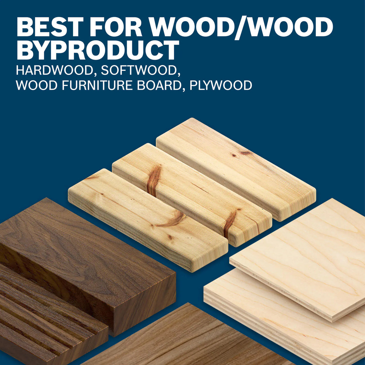 An e-commerce informational infographic titled Best For Wood/Wood Byproduct, displaying various lumber block samples including hardwood, softwood, wood furniture board, and layered plywood over a solid blue background.