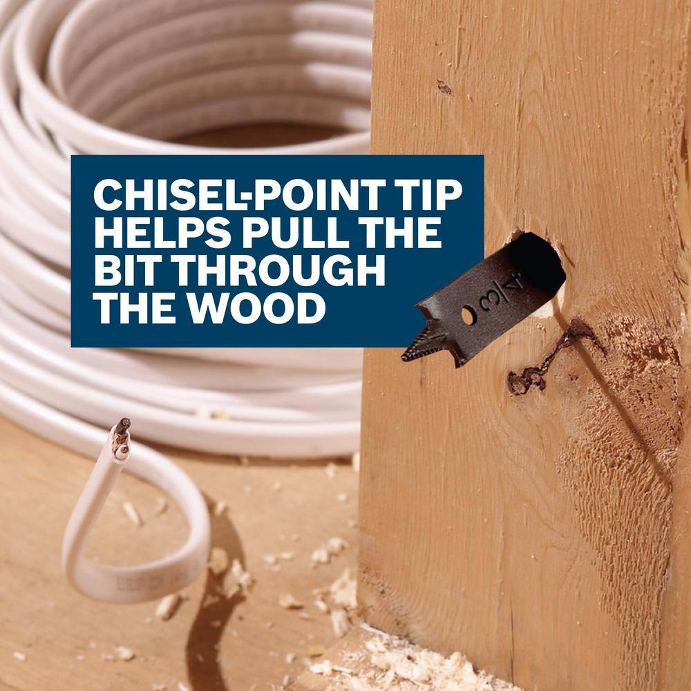 A close-up marketing banner featuring a black Bosch chisel-point spade bit cutting into a wood beam, with a large blue overlay box reading Chisel-Point Tip Helps Pull the Bit Through the Wood over a background displaying coiled wire.