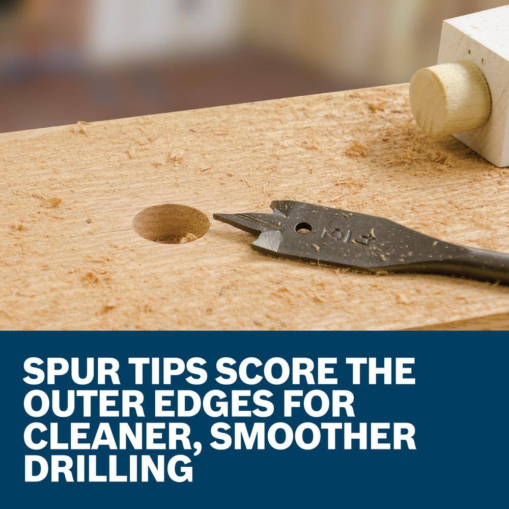 A close-up promotional graphic displaying a black paddle bit next to a freshly drilled hole in a timber block, paired with a lower blue banner text card reading Spur Tips Score the Outer Edges for Cleaner, Smoother Drilling.