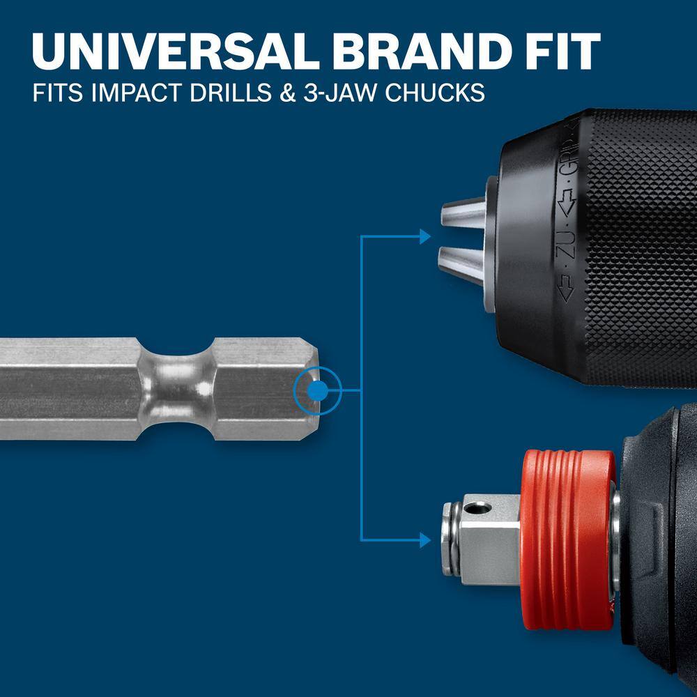 A technical compatibility infographic titled Universal Brand Fit Fits Impact Drills & 3-Jaw Chucks, showing diagram lines linking the 1/4-inch quick-change hex shank base of a spade bit to a standard three-jaw drill chuck and a quick-release impact driver collet.