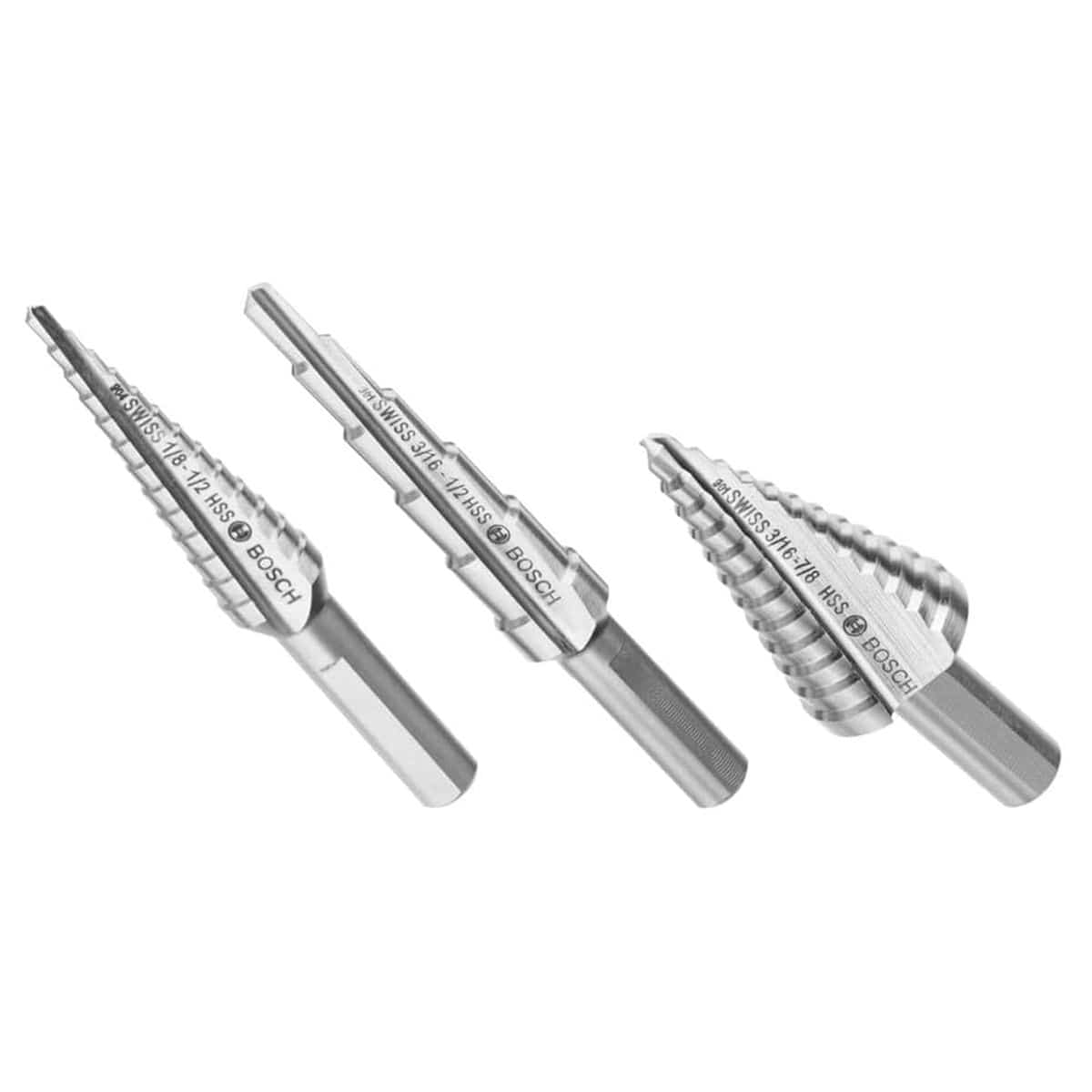 A studio shot of the three different Bosch HSS Turbo step drill bits included in the SDC30 set.