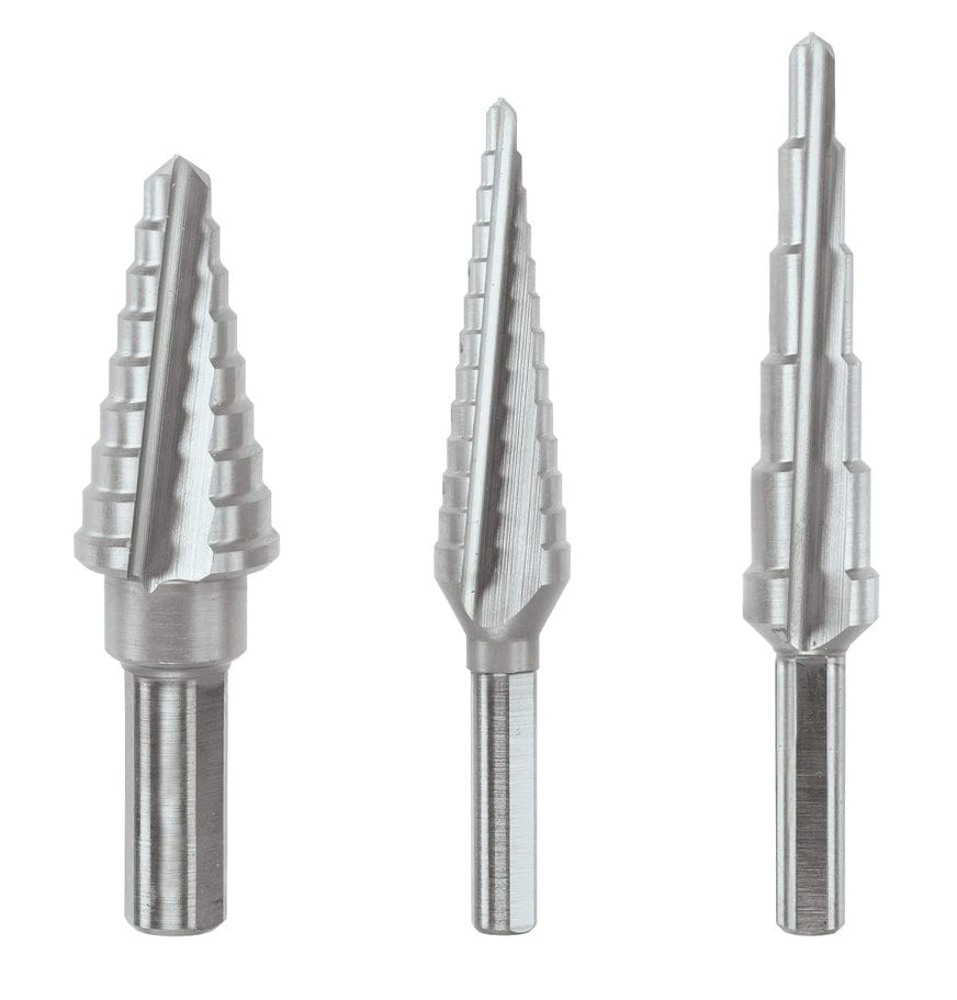 The three high-speed steel step drill bits from the Bosch SDH30 set, showing their different sizes and conical, stepped flute designs against a white background.
