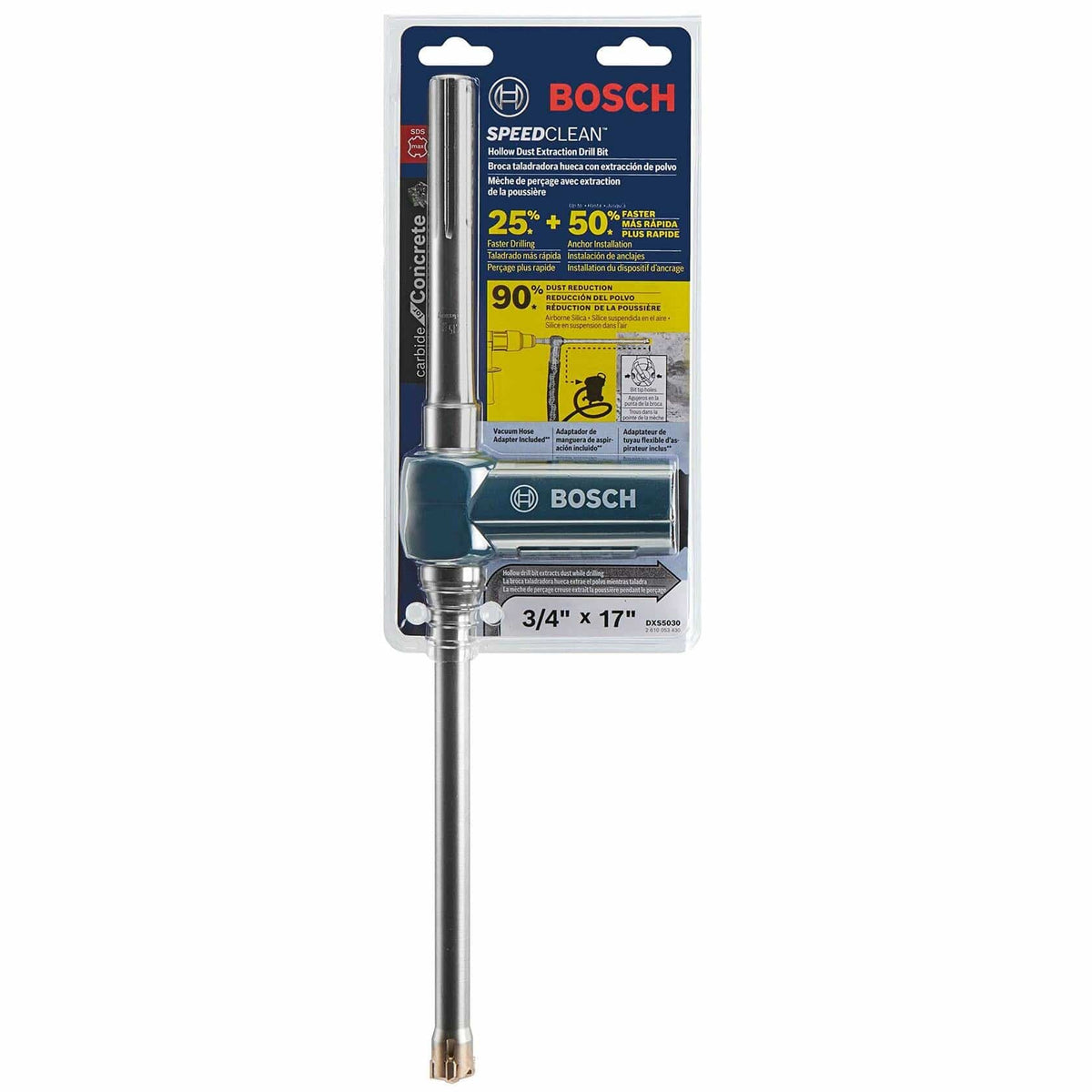 Bosch Speed Clean SDS-max drill bit in retail packaging labeled 3/4" x 17". Highlights include 25% faster drilling, 50% greater productivity, and 90% dust reduction. Designed for concrete drilling with rotary hammers.