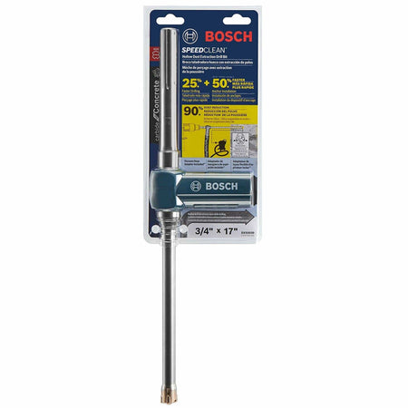Bosch Speed Clean SDS-max drill bit in retail packaging labeled 3/4" x 17". Highlights include 25% faster drilling, 50% greater productivity, and 90% dust reduction. Designed for concrete drilling with rotary hammers.