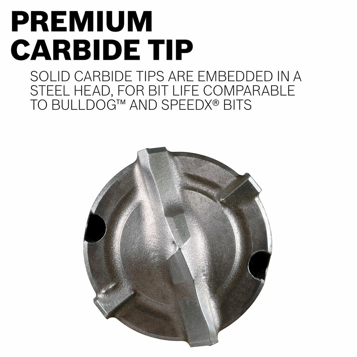 Close-up of Bosch drill bit head with embedded solid carbide tips in steel body, highlighting durability and performance for masonry drilling.