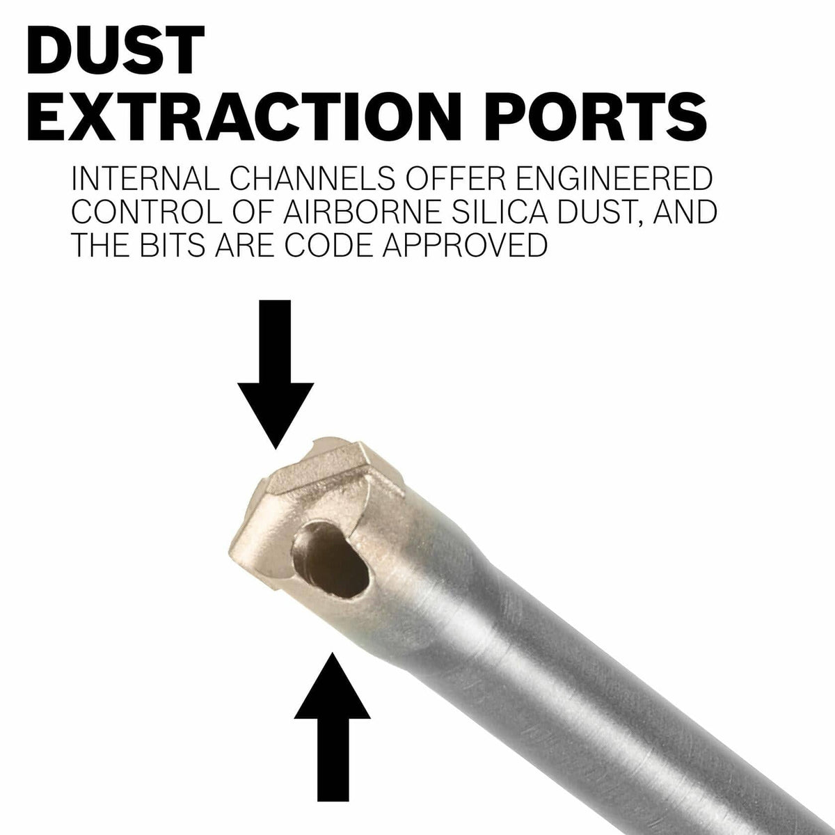 Drill bit with internal dust extraction ports; arrows point to channels designed to reduce airborne silica dust during concrete drilling.