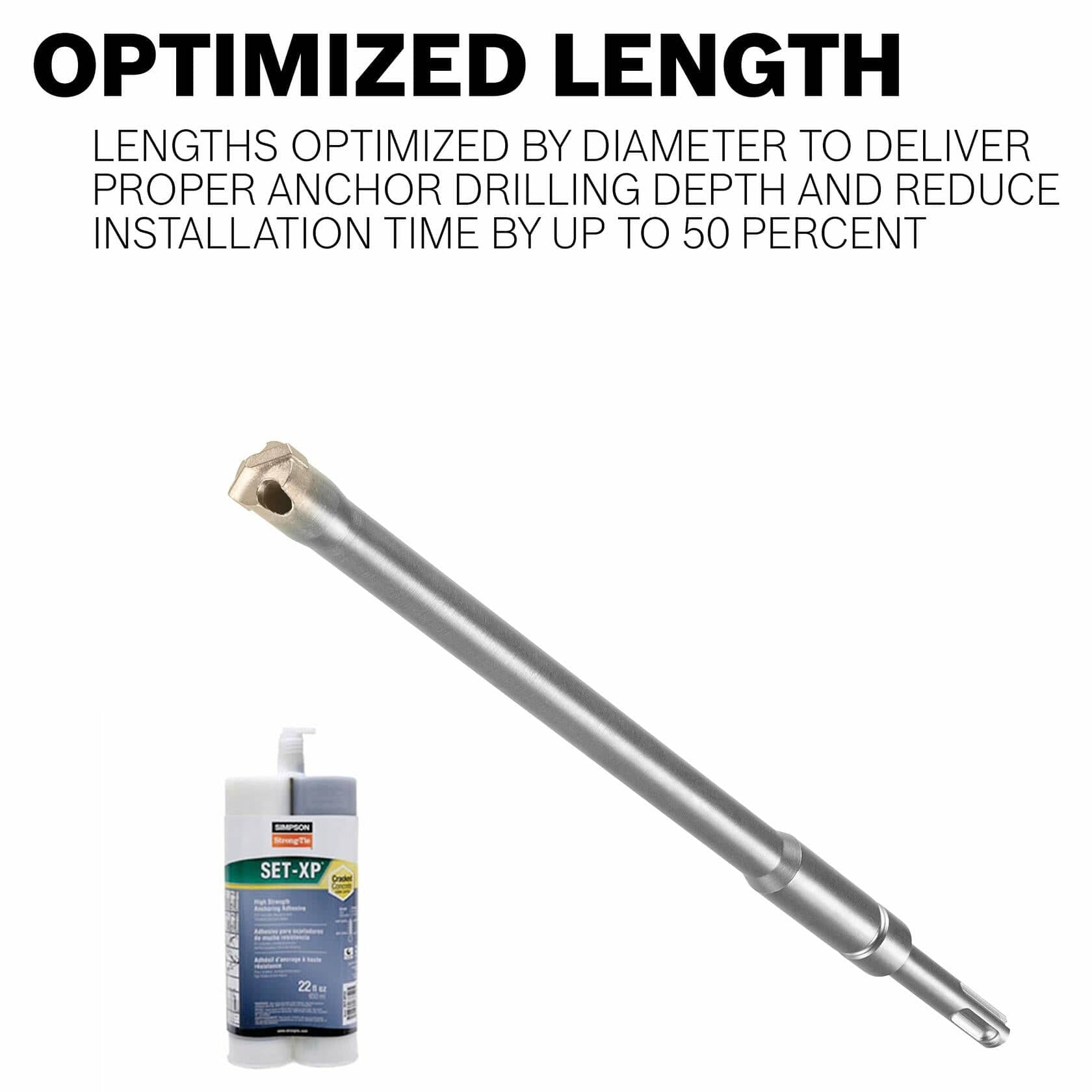 Bosch drill bit shown with Simpson Strong-Tie SET-XP adhesive; text highlights optimized length for anchor depth and faster installation.