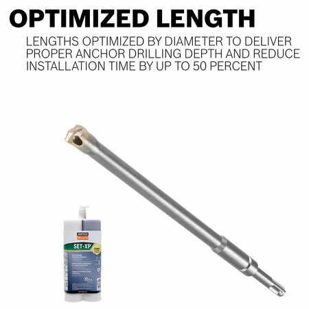 Bosch drill bit shown with Simpson Strong-Tie SET-XP adhesive; text highlights optimized length for anchor depth and faster installation.