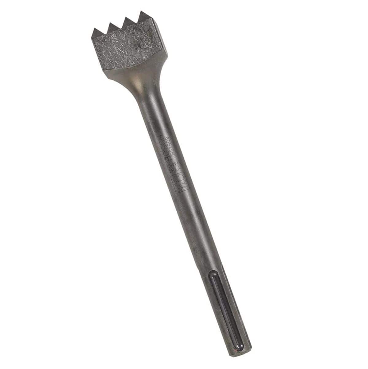 Close-up of a Bosch SDS-max bushing tool with a 16-tooth head, designed for mechanical use in texturing concrete, stone, or asphalt surfaces.