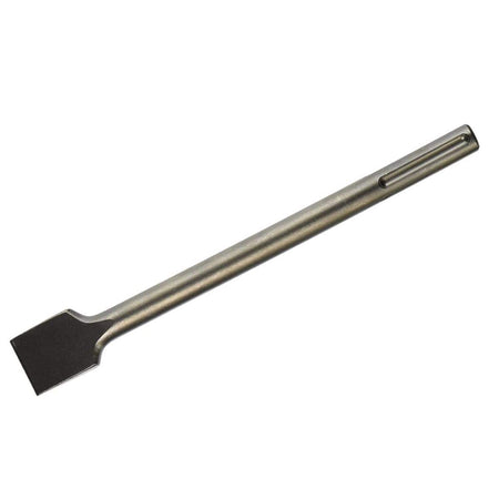 This image shows a single, dark gray flat chisel bit lying horizontally, with a broad, flat working end on the left and a narrower, grooved shank on the right for tool attachment. The body of the chisel is uniform in thickness, with a subtle taper near the working end.
