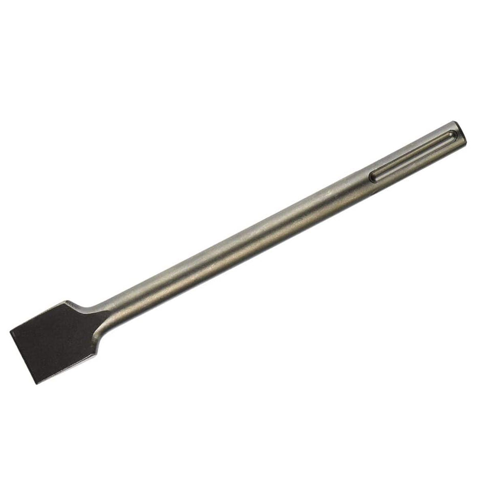 This image shows a single, dark gray flat chisel bit lying horizontally, with a broad, flat working end on the left and a narrower, grooved shank on the right for tool attachment. The body of the chisel is uniform in thickness, with a subtle taper near the working end.