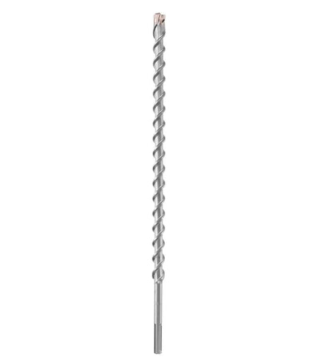 This is a vertical, close-up image of a metallic, threaded shaft, likely a drill bit or a screw. The body is silver-toned and features prominent, evenly spaced, spiral-shaped grooves running its length.