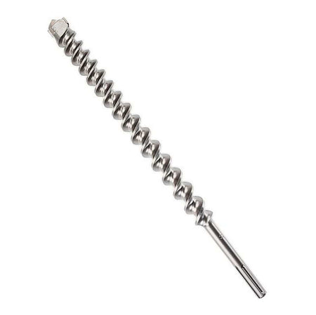 This is an eye-level, diagonal shot of a long, metallic rotary hammer drill bit. The bit features a continuous, deep spiral groove along its length, resembling a large screw.