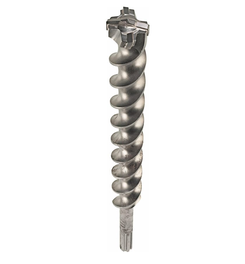 The image shows a Bosch HC5070 1-1/4 inch x 13 inch SDS-Max Speed-X Carbide Rotary Hammer Bit, which is a sturdy, metallic gray drill bit designed for drilling into concrete. It features a wide, deep spiral flute running down its length for efficient debris removal, and a multi-faceted cutting head at one end with a thick, notched shank at the other for attachment to a hammer drill.
