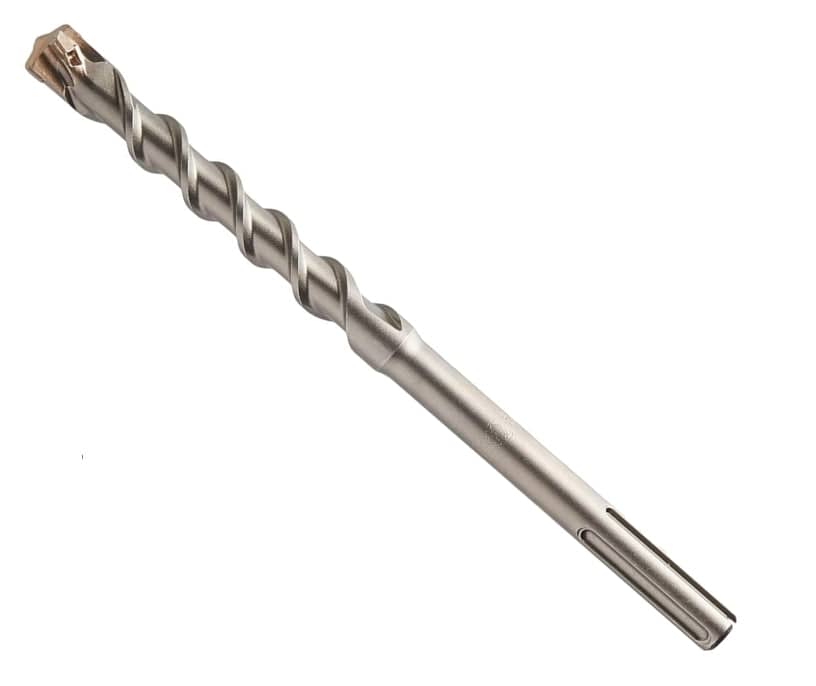This is a close-up, eye-level shot of a long, metallic gray drill bit, standing upright against a plain white background. The bit features a prominent spiral fluting along most of its length, a smooth shaft with rectangular indentations at the top, and a bronze-colored cutting head at the bottom.
