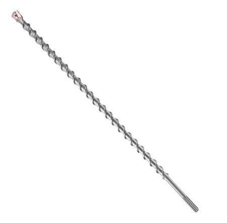The image shows a long, straight, and shiny metal drill bit, likely for use with a rotary hammer. The bit has a continuous spiral flute running down its length to remove debris, and it ends in a sturdy, light-colored carbide tip for drilling into masonry or concrete.