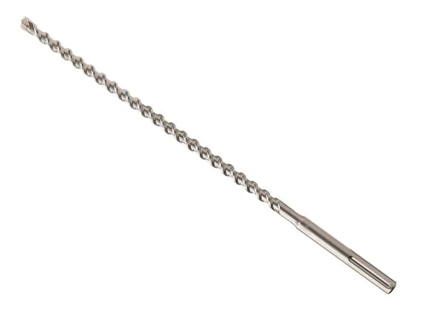 This is a horizontal image of a long, metallic gray drill bit or auger, designed for heavy-duty drilling. It features a continuous, prominent spiral flute running along most of its length, ending in a cylindrical shank on the left and a blunted, multi-faceted tip on the far right.