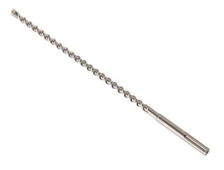 This is a horizontal image of a long, metallic gray drill bit or auger, designed for heavy-duty drilling. It features a continuous, prominent spiral flute running along most of its length, ending in a cylindrical shank on the left and a blunted, multi-faceted tip on the far right.