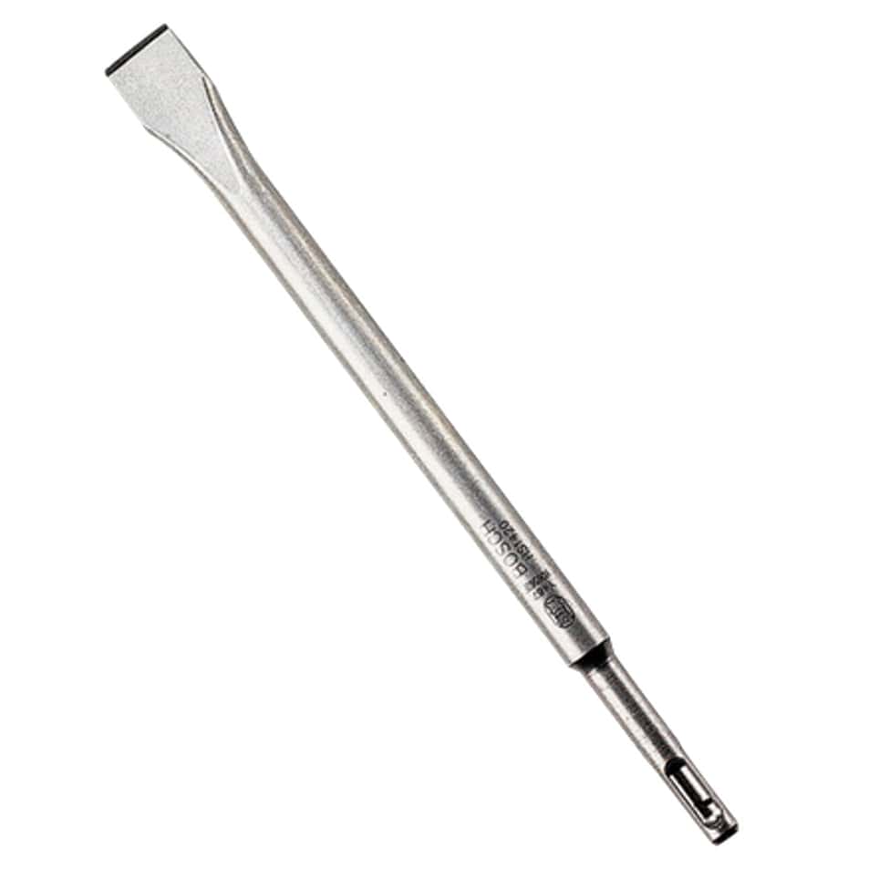 image of 3/4" x 10" Chisel bit. This is a long, silver-colored metal chisel bit designed as an accessory for a power hammer. One end of the solid shaft flares out to a wide, flat blade like a chisel, while the other end has a grooved shank to lock into the tool.