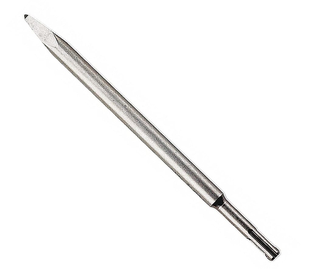 ength: Approximately 10 inches long.
Shape: It has a narrow, pointed tip designed for focused material removal.
Material: Made of high-strength hardened steel, ensuring durability.
Shank Type: SDS-plus shank, which has slots for secure and efficient power transfer in rotary hammers.
Color: Typically metallic silver or gray.