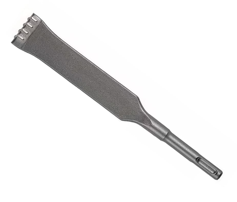  A long, solid metal bar. At one end, it widens into a flat blade that has several short, tooth-like projections along its edge. This blade feels rough and textured. The rest of the bar is narrower and has a distinct, multi-sided shape, designed to fit into a power tool. This tool is used to remove grout or other material from between tiles or bricks.