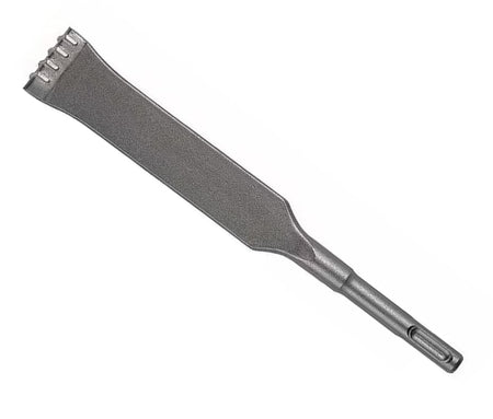  A long, solid metal bar. At one end, it widens into a flat blade that has several short, tooth-like projections along its edge. This blade feels rough and textured. The rest of the bar is narrower and has a distinct, multi-sided shape, designed to fit into a power tool. This tool is used to remove grout or other material from between tiles or bricks.